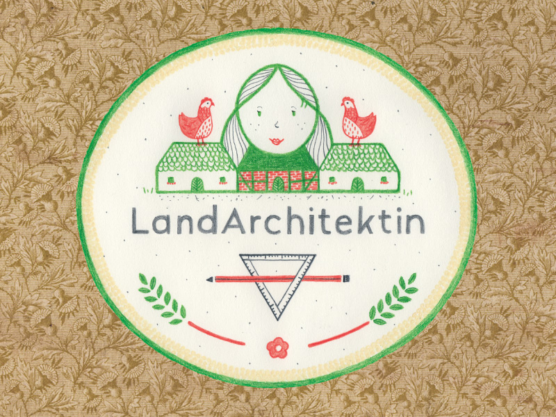 Logo LandArchitektin: handgezeichnete Wappen-Version,
 Corporate Design,
 Bleistift und Buntstift