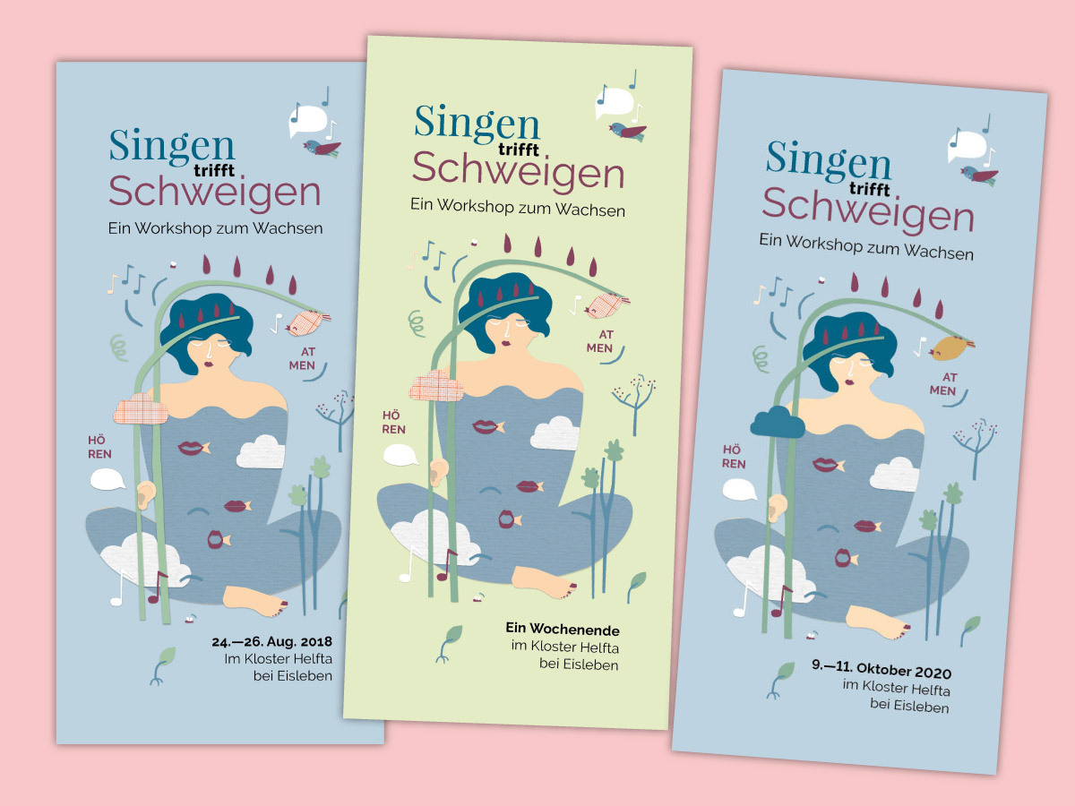 Titelansicht vom Faltblatt für SingentrifftSchweigen: Illustration als digitale Papiercollage