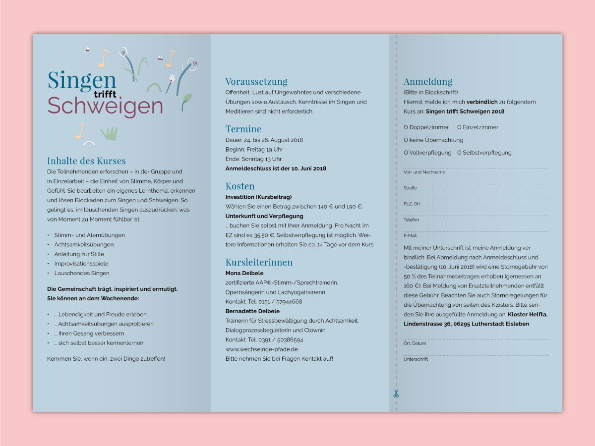 Vollaufgeklappte Innenansicht vom Faltblatt für SingentrifftSchweigen: Illustration als digitale Papiercollage