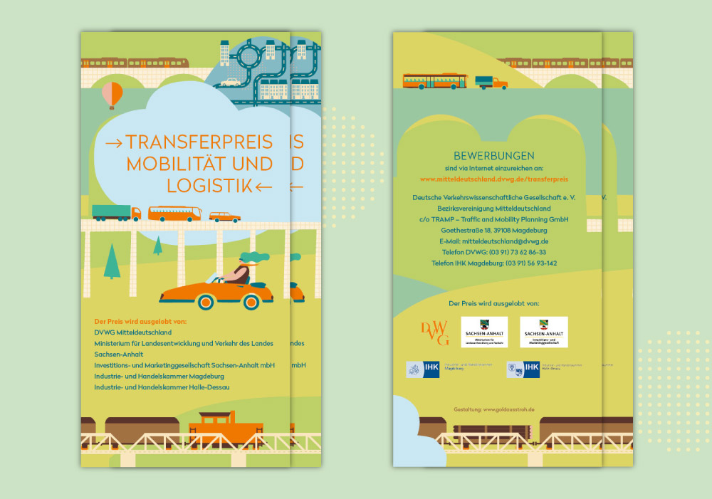Faltblatt DVWG: Deckblatt + Rückseite mit farbenfroher,
 collagierter Illlustration