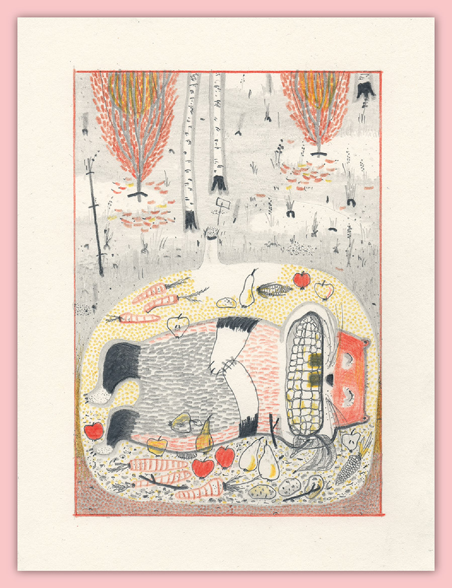 Titel: Winterruhe; Freie Illustrationen,
 Zeichnung mit Bleistift und Buntstift auf Papier,
 Grafik aus Sachsen-Anhalt