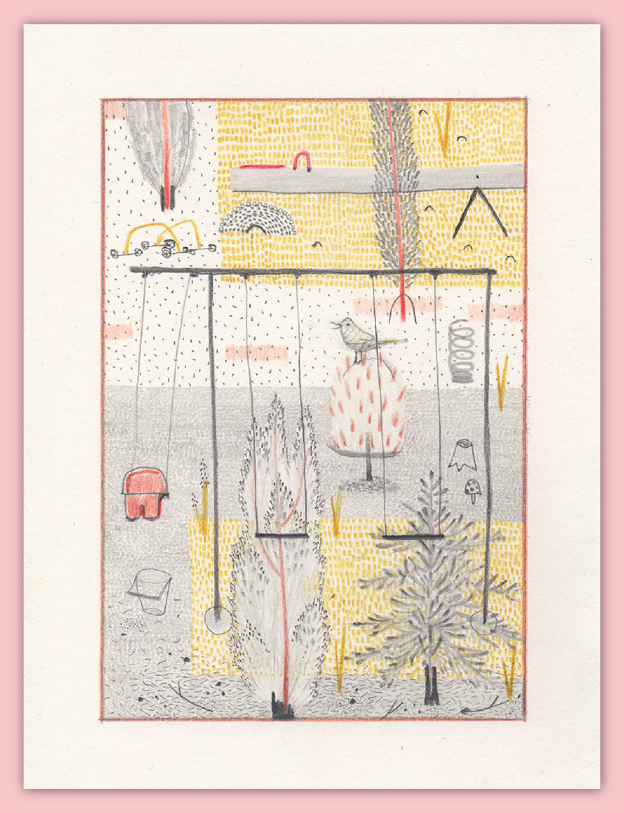 Titel: Waldspielplatz; Freie Illustrationen,
 Zeichnung mit Bleistift und Buntstift auf Papier,
 Grafik aus Sachsen-Anhalt