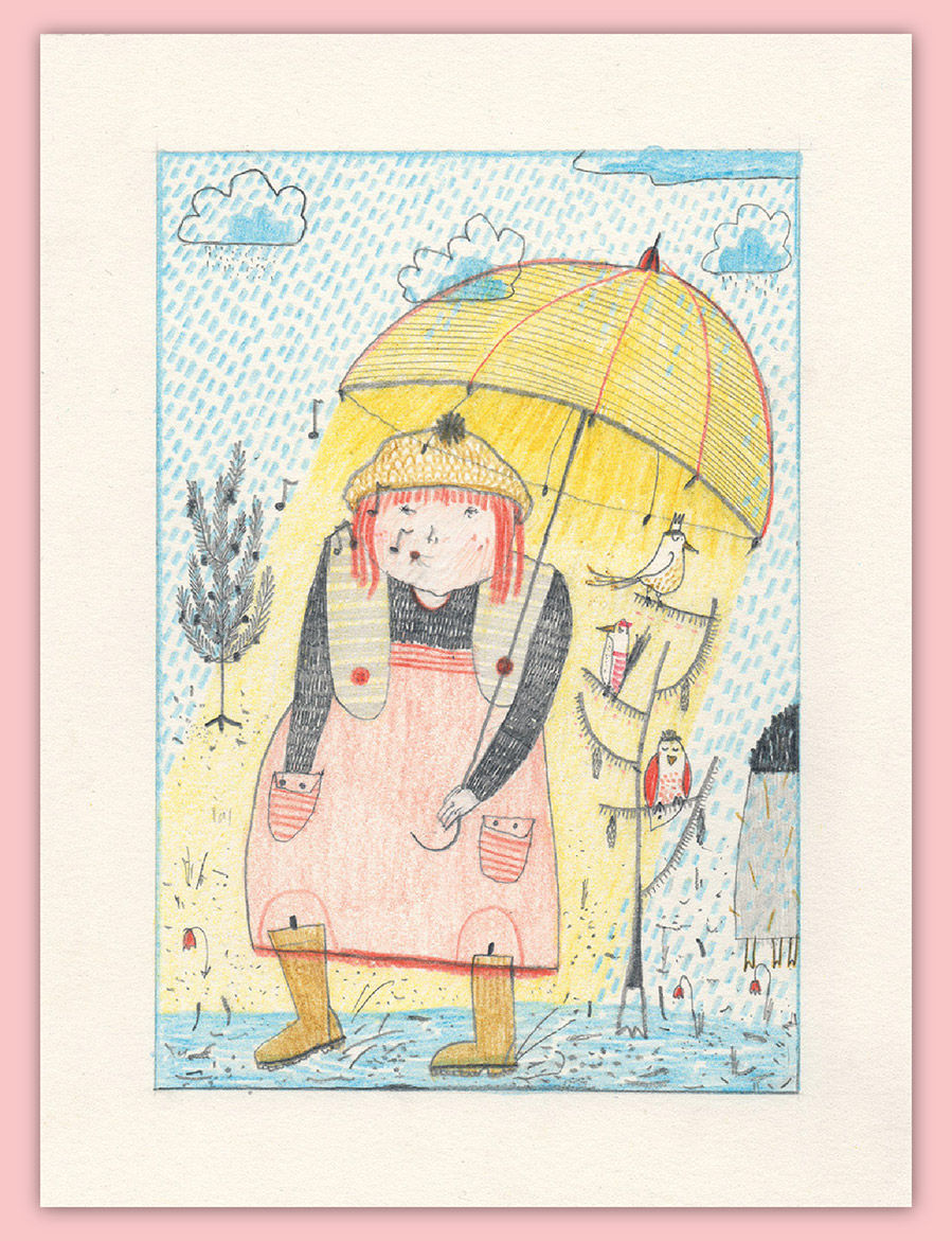Titel: Pfeif auf den Regen; Freie Illustrationen,
 Zeichnung mit Bleistift und Buntstift auf Papier,
 Grafik aus Sachsen-Anhalt