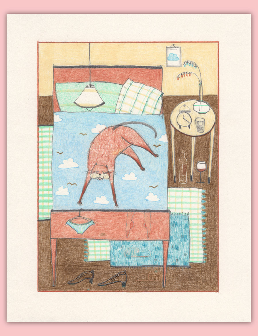 Titel: Schlafzimmer; Freie Illustrationen,
 Zeichnung mit Bleistift und Buntstift auf Papier,
 Grafik aus Sachsen-Anhalt
