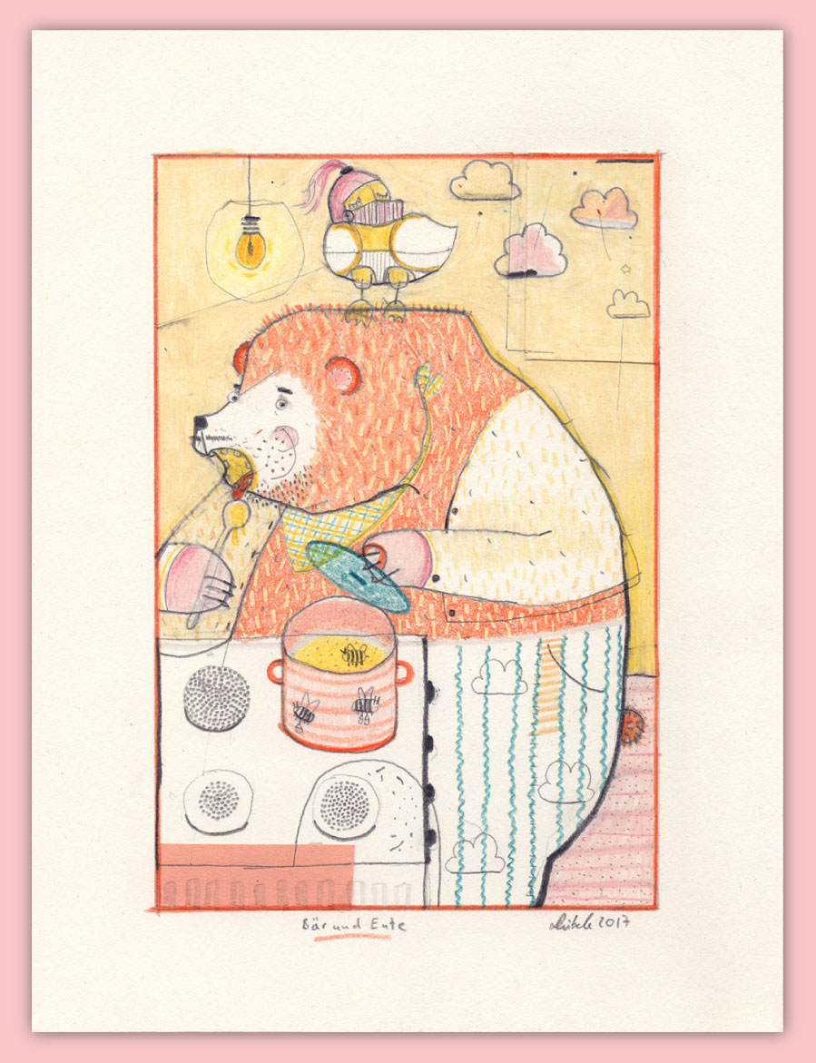 Titel: Bär und Ente,
 Illustration mit Bleistift und Buntstift,
 Handzeichnung,
 Grafikdesign