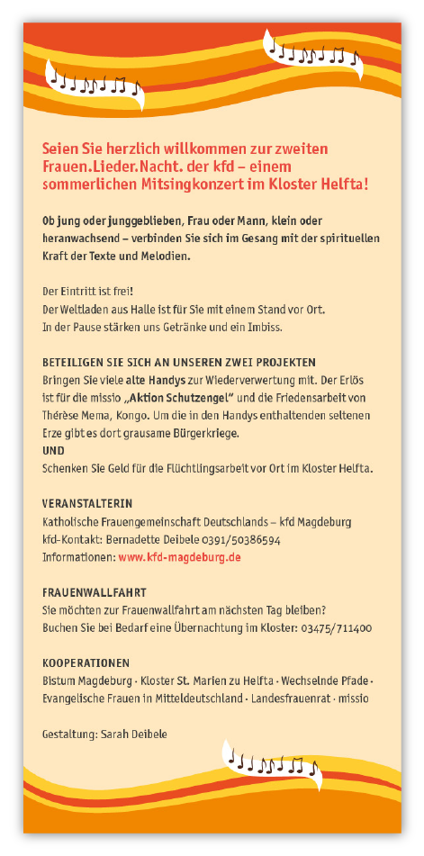 Rückseite: Für die kfd Magdeburg entstand der Flyer für die "Frauen.Lieder.Nacht" in Helfta.