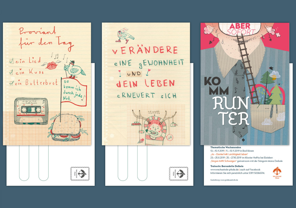 Postkarten Layout und Illustration (Buntstift, Bleistift, Papiercollage)